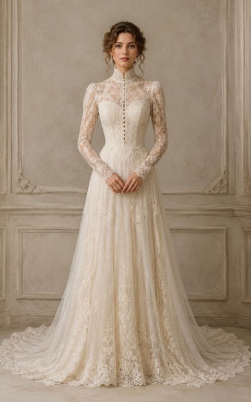 High Neck Long Sleeve Lace A-Line Vintage Wedding Dress