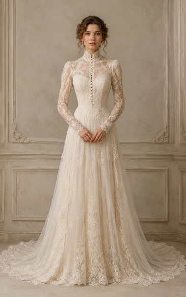 High Neck Long Sleeve Lace A-Line Vintage Wedding Dress