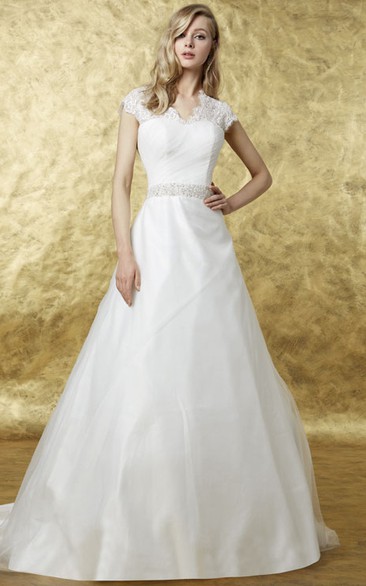 A-Line Appliqued Cap Sleeve Scalloped Organza Wedding Dress