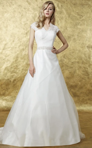 A-Line Appliqued Cap Sleeve Scalloped Organza Wedding Dress