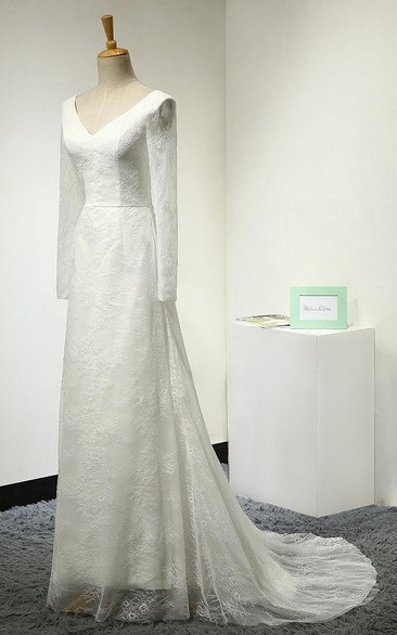 A-Line V-Neck Long Sleeve Court Train Tulle Lace Mother Of Bride Dress