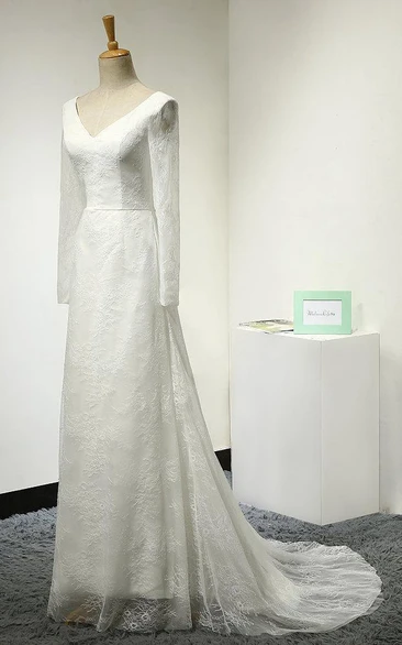 A-Line V-Neck Long Sleeve Court Train Tulle Lace Mother Of Bride Dress