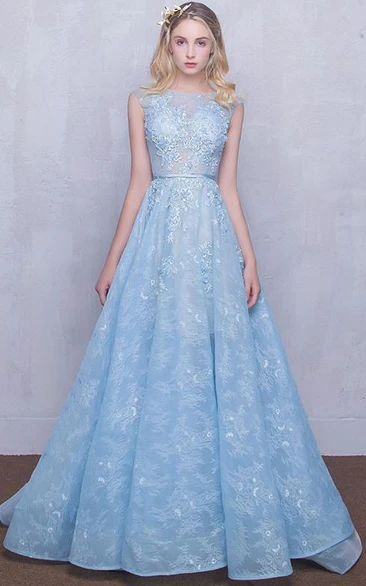 Bateau Neck Appliques Lace Long Prom Dress
