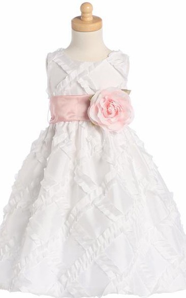 Floral Tea-Length Tiered Taffeta Flower Girl Dress With Embroidery