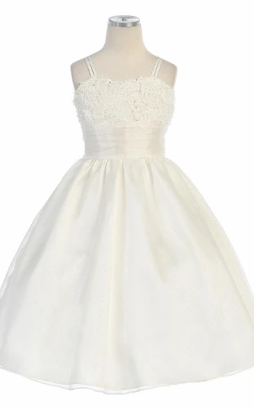 Spaghetti Tea-Length Pleated Sequins&Organza Flower Girl Dress With Embroidery