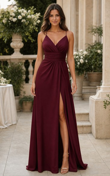 Burgundy V-neck Chiffon A-Line Dress with Slit