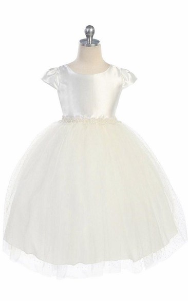 Tea-Length Cap-Sleeve Beaded Tulle&Satin Flower Girl Dress