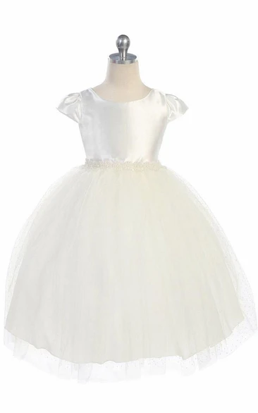 Tea-Length Cap-Sleeve Beaded Tulle&Satin Flower Girl Dress