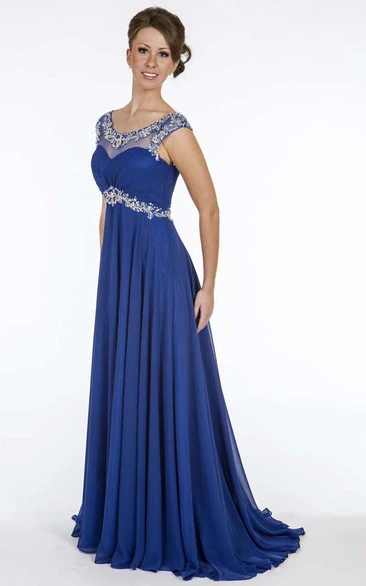 A-Line Beaded Empire Long Scoop Cap-Sleeve Chiffon Prom Dress With Waist Jewellery And Ruching