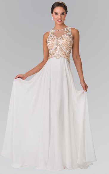 Sheath Long Jewel-Neck Sleeveless Chiffon Illusion Dress With Beading