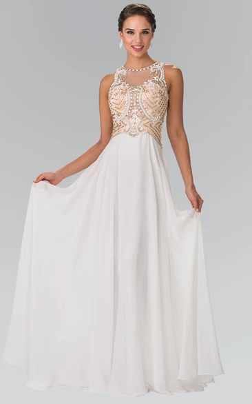 Sheath Long Jewel-Neck Sleeveless Chiffon Illusion Dress With Beading