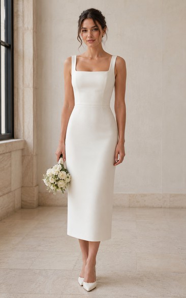 White Square Neck Sheath Tea Wedding Dress