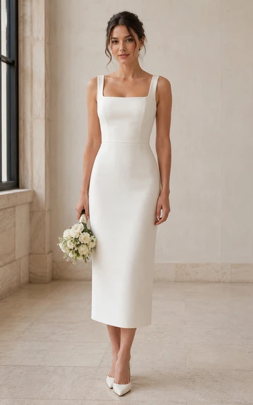 White Square Neck Sheath Tea Wedding Dress