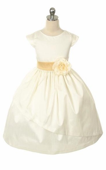 Tea-Length Floral Bowed Floral Flower Girl Dress With Sash