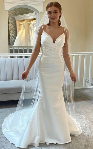 Simple Satin Sheath Ruched Spaghetti Mermaid Wedding Dress