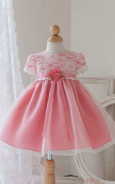 Tea-Length Floral Bowed Lace&Organza Flower Girl Dress With Ribbon