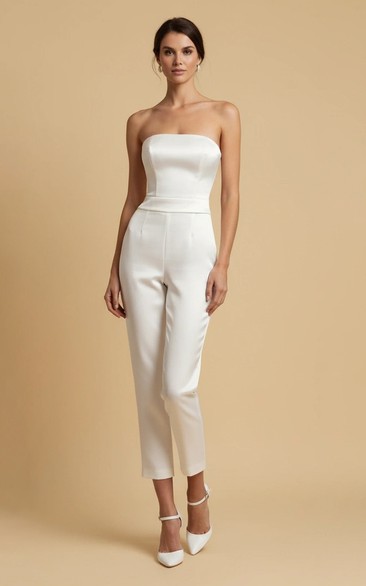 Strapless Straight Leg Nine Inch Wedding Jumpsuit with Heeled Sandals