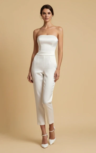 Strapless Straight Leg Nine Inch Wedding Jumpsuit with Heeled Sandals