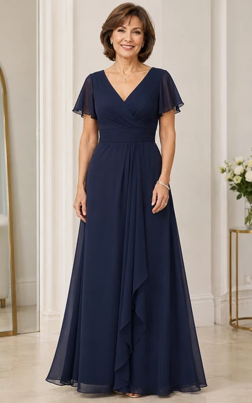 Dark Navy V Neck Chiffon Mother Gown Dark Navy V-neck A-Line Floor-length