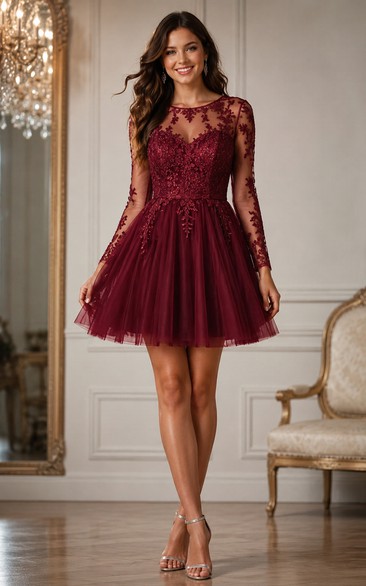 Tulle Cocktail Dress in Burgundy, Jewel A-Line Mini Gown with Appliques and Lace