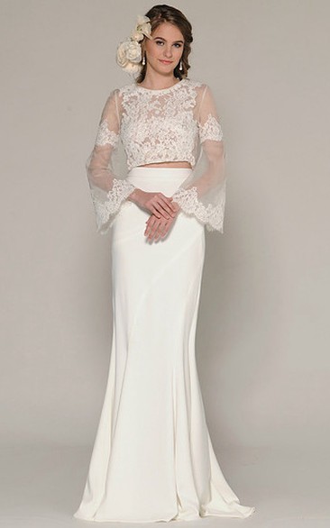 Scoop Floor-Length Appliqued Bell-Sleeve Chiffon Wedding Dress