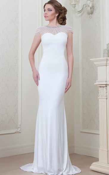 Sheath Floor-Length Scoop-Neck Cap-Sleeve Beaded Jersey Evening Dress