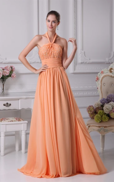 Sleeveless Chiffon A-Line Ruched Jeweled Top and Gown With Halter