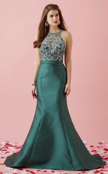 Mermaid Maxi Scoop-Neck Sleeveless Satin Brush Train Dress With Beading