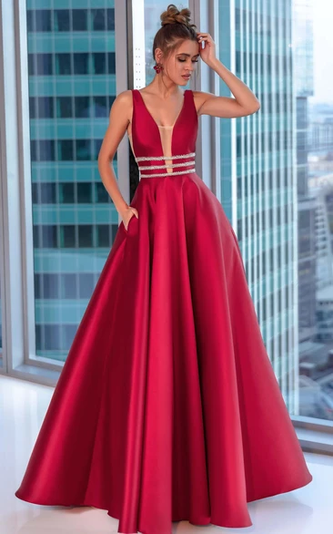 Modern Elegant Sleeveless Plunged Satin Ball Gown Prom Dress with Beaded Waist and V Back