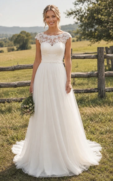 Illusion Cap Sleeve Chiffon Country Wedding Dress with Lace Yoke and Train