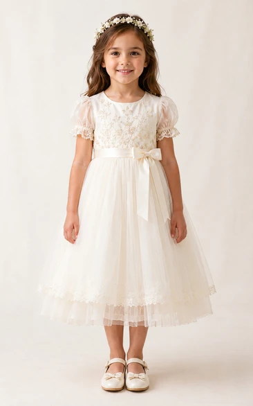 Baby Christening Gown Modest A-Line Puff Sleeve Tulle Lace Tea-Length with Bow Sash in Ivory