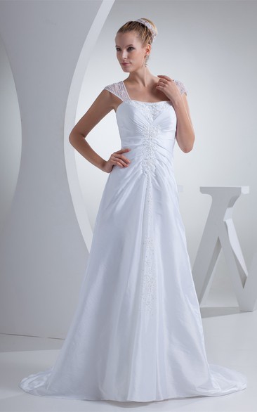 Caped-Sleeve A-Line Central-Ruched Brush Train and Dress With Beading