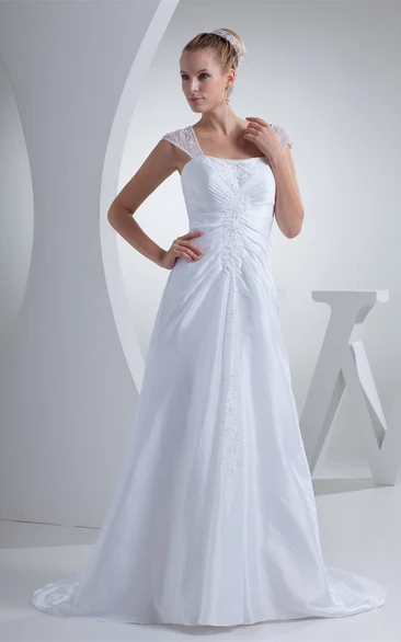 Caped-Sleeve A-Line Central-Ruched Brush Train and Dress With Beading