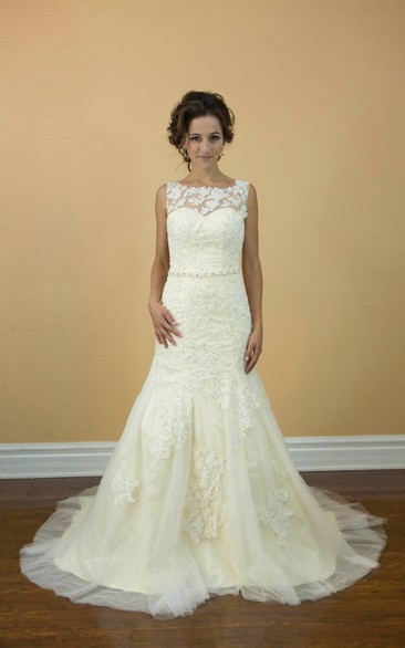 Mermaid Lace Sleeveless Bateau Neck Dress With Beadings and Illusion Back