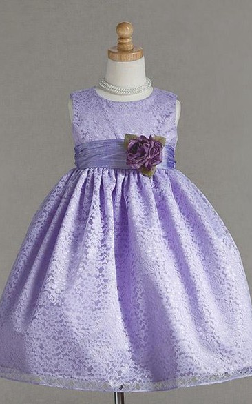 Tea-Length Floral Bowed Lace Flower Girl Dress