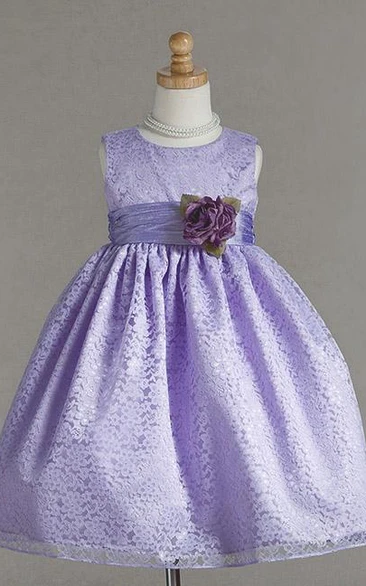 Tea-Length Floral Bowed Lace Flower Girl Dress