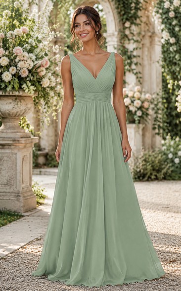 Sage V-Neck Chiffon A-Line Bridesmaid Dress