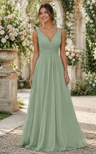 Sage V-Neck Chiffon A-Line Bridesmaid Dress