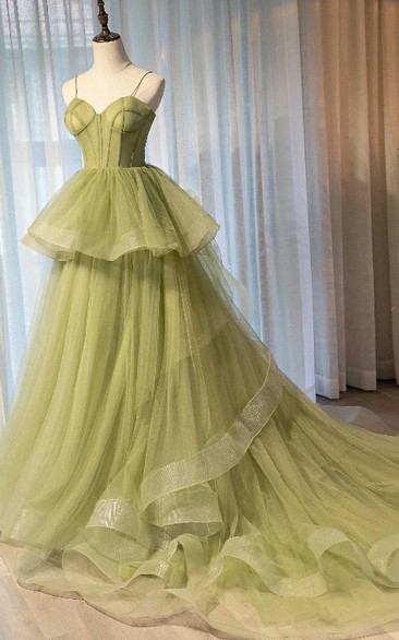 Simple Tulle Ball Gown Court Train Sleeveless Formal Dress with Peplum