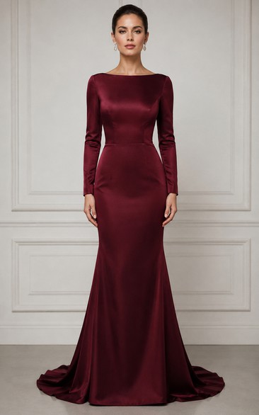 Burgundy Bateau Long Sleeve Mermaid Formal Gown