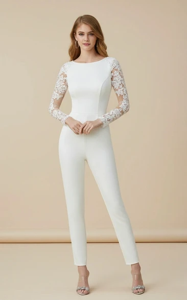 Round Neck Long Sleeve Lace Embroidery Wedding Jumpsuit