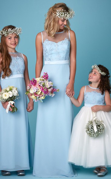 Scoop Neck Sleeveless Appliqued Chiffon Bridesmaid Dress With Illusion Back