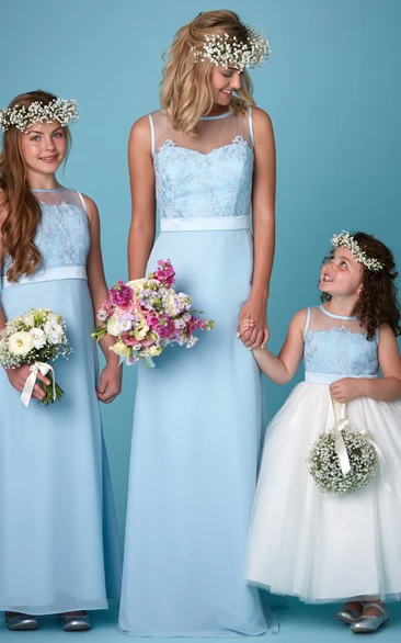 Scoop Neck Sleeveless Appliqued Chiffon Bridesmaid Dress With Illusion Back