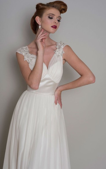 Cap-Sleeve Beaded V-Neck Floor-Length Organza Wedding Dress With Pleats