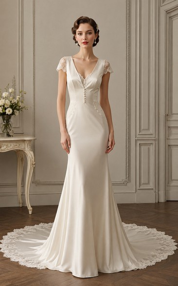 Cap Sleeve Satin Mermaid Vintage Wedding Dress