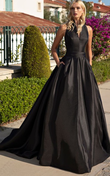 Simple Brush Train Sleeveless Satin Ball Gown Formal Dress with Ruching