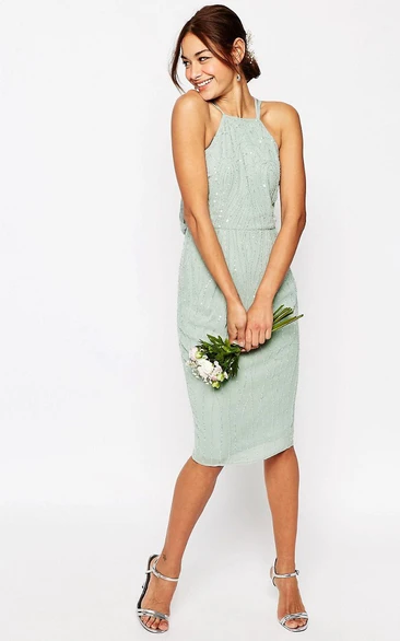 Sheath Tea-Length High Neck Beaded Sleeveless Chiffon Bridesmaid Dress