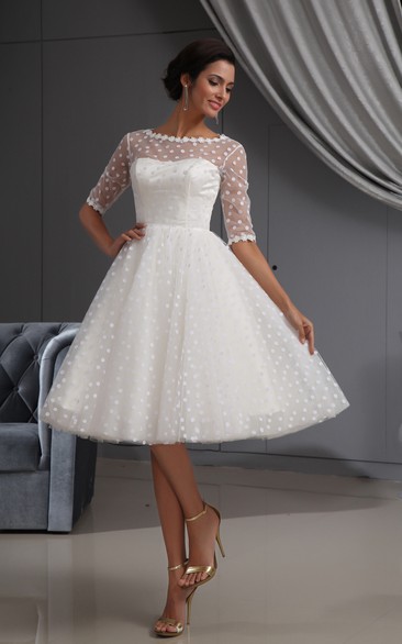 Half-Sleeve Illusion Knee-Length Short Dress With Lace and Dot - Dorris ...