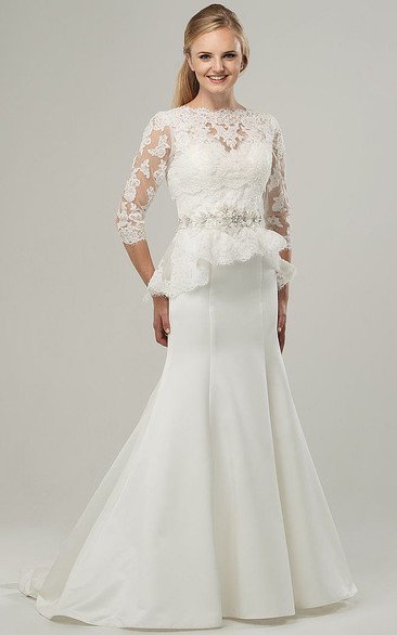 Trumpet Floor-Length High Neck 3-4-Sleeve Jeweled Satin Wedding Dress With Appliques And Peplum