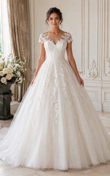 Cap Sleeve Lace Ball Gown Wedding Dress with Illusion Neckline and Chapel Train